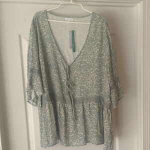 Green and White Tie Front Blouse with Ruffled Sleeves